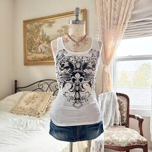 y2k zona libre white rhinestone graphic tank top size large